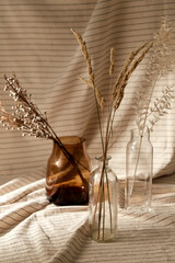 home improvement and decoration concept - still life of decorative dried flowers in glass vases and bottles with drapery