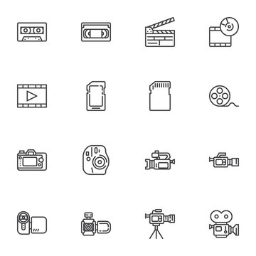 Video and photo line icons set, outline vector symbol collection, linear style pictogram pack. Signs, logo illustration. Set includes icons as audio cassette tape, vhs, photography camera, memory disc
