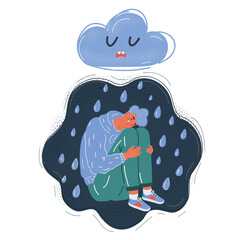 Vector illustration of Image of sad man sitting under thundercloud on dark background.