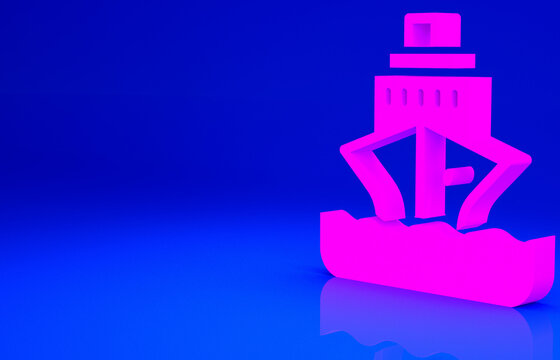 Pink Cruise ship icon isolated on blue background. Travel tourism nautical transport. Voyage passenger ship, cruise liner. Worldwide cruise. Minimalism concept. 3d illustration 3D render.