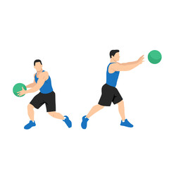 Fototapeta na wymiar Medicine ball rotational passes exercise. Flat vector illustration isolated on white background. workout character set