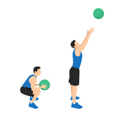 Medicine ball throw exercise. Flat vector illustration isolated on white background. workout character set