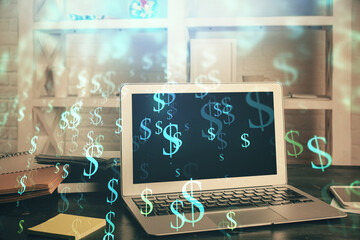 Fototapeta premium Stock market graph and table with computer background. Multi exposure. Concept of financial analysis.