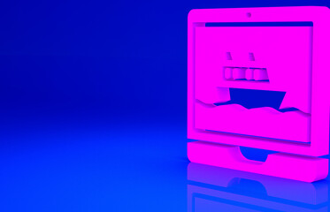 Pink Cruise ship icon isolated on blue background. Travel tourism nautical transport. Voyage passenger ship, cruise liner. Worldwide cruise. Minimalism concept. 3d illustration 3D render.