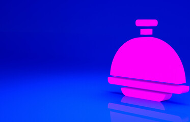 Pink Covered with a tray of food icon isolated on blue background. Tray and lid sign. Restaurant cloche with lid. Minimalism concept. 3d illustration 3D render.
