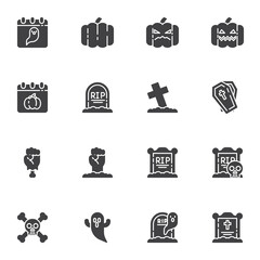 Happy halloween vector icons set, modern solid symbol collection, filled style pictogram pack. Signs, logo illustration. Set includes icons as pumpkin face, calendar, tombstone, coffin, graveyard
