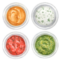 Watercolor sauces in bowls set