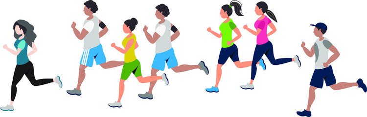 Running people flat vector illustration. Runners, athletes, sportive men and women . Marathon, exercise and athletics. Isolated design element