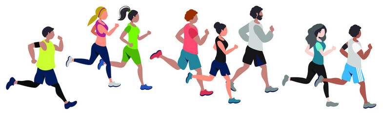 Running people flat vector illustration. Runners, athletes, sportive men and women . Marathon, exercise and athletics. Isolated design element