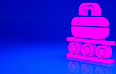 Pink Airport conveyor belt with passenger luggage, suitcase, bag, baggage icon isolated on blue background. Minimalism concept. 3d illustration 3D render.