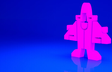 Pink Jet fighter icon isolated on blue background. Military aircraft. Minimalism concept. 3d illustration 3D render.