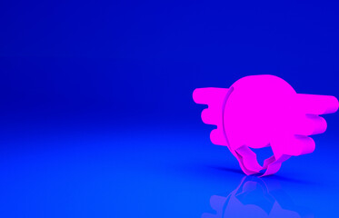 Pink Aviation emblem icon isolated on blue background. Military and civil aviation icons. Flying emblem, eagle bird wing and winged frame. Minimalism concept. 3d illustration 3D render.