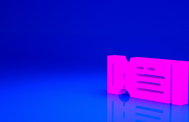 Pink Airline ticket icon isolated on blue background. Plane ticket. Minimalism concept. 3d illustration 3D render.