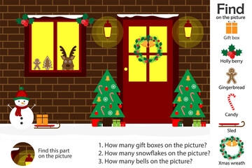 Activity page, christmas door in cartoon style, find images and answer the questions, visual education game for the development of children, kids preschool activity, worksheet, vector illustration - 391731470