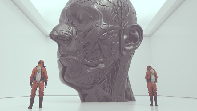 Giant Black Ecorche Head in a Room with two men in Hazmat Suits 