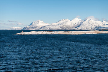 Snow covered hills on the Norwegian Coast in winter