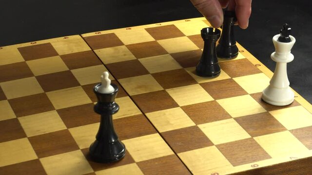 Guy black figures puts a linear mat two rooks to the white king and he falls on the chessboard