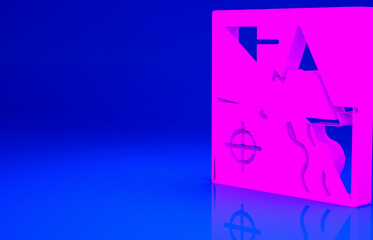 Pink Folded map icon isolated on blue background. Minimalism concept. 3d illustration 3D render.