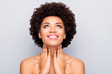 Close-up portrait of her she nice attractive cheerful wavy-haired girl touching neck hormones...