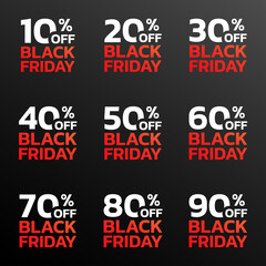 Price off label or badge set. Black Friday sale icons or tags with 10, 20, 30, 40, 50, 60, 70, 80, 90 percent discount. Vector illustration.