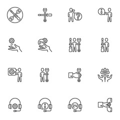 Support, Technical Assistance line icons set, outline vector symbol collection, linear style pictogram pack. Signs, logo illustration. Set includes icons as operator headset, repair service, faq