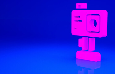 Pink Action extreme camera icon isolated on blue background. Video camera equipment for filming extreme sports. Minimalism concept. 3d illustration 3D render.