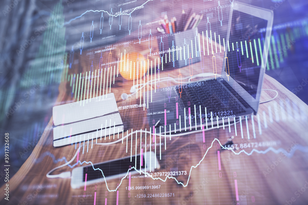 Poster stock market graph and table with computer background. multi exposure. concept of financial analysis