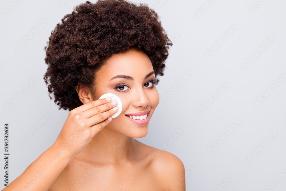 Wall mural close-up portrait of her she nice attractive lovely cheerful wavy-haired girl cleansing facial tonic