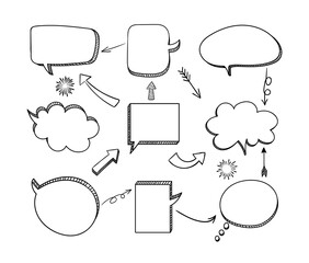 Vector Set of Talk Bubbles, Arrows, 3D Hand Drawings Isolated on White Background, Black Outline Illustration, Icons Collection.