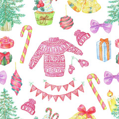 Christmas and New Year seamless pattern with warm jumper, natural conifer, bell, gifts on white background.