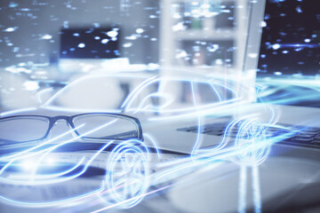 Automobile theme hologram with glasses on the table background. Autopilot concept. Double exposure.