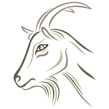 The goat's face is drawn in brown with different lines in a flat style. Design suitable for animal logo, tattoos, decor, paintings, pet shops, pencil cases, badges, t-shirt printing. Vector
