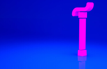 Pink Walking stick cane icon isolated on blue background. Minimalism concept. 3d illustration 3D render.