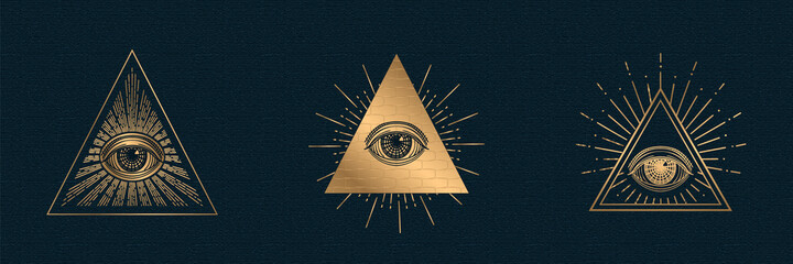 All seeing eye vector, illuminati symbol in triangle with light ray, tattoo design isolated on black background