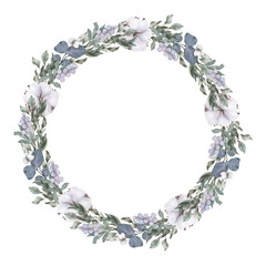 Fototapeta premium Christmas Wreath With Leaves And Cotton Flowers