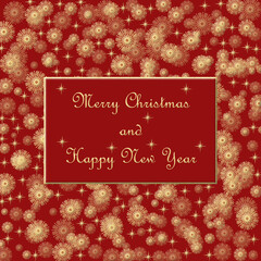 Gold snowflakes against a red background.  Square greeting card design illustration with the message Merry Christmas and Happy New Year.