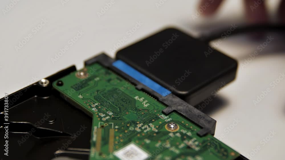Poster concept of neuronet and computer technologies. media. close up of connecting an external adapter to 