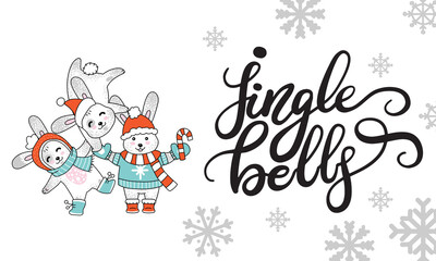 Horizontal vector Christmas card rabbits jingle bells