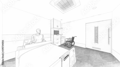 病院 個室 布団有り 人有り 車いす有り テーブル有り 医者無し イラスト22 Abstract Wall Mural Abstra Hiro Studio