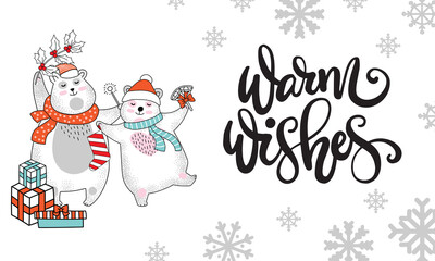 Horizontal vector Christmas card bears warm wishes
