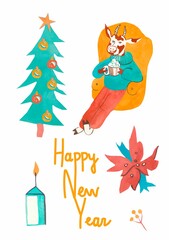 Watercolor card with Christmas tree,candle,poinsettia  in blue,orange and red.New Year's greetings on an isolated white background.Design for packaging,social networks,posters,invitations.