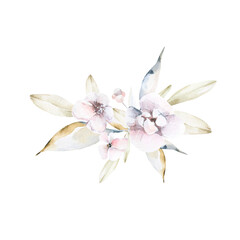 Hand drawing watercolor composition of pink flowers and  leaves. Iillustration perfect for greeting cards, posters, scrapbooking.