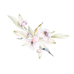 Naklejka premium Hand drawing watercolor composition of pink flowers and leaves. Iillustration perfect for greeting cards, posters, scrapbooking.