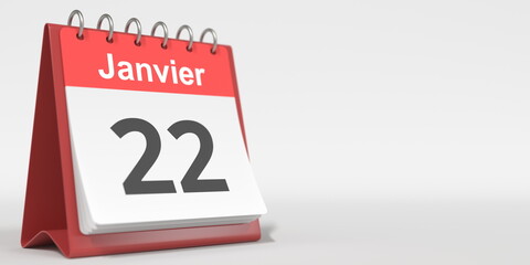 January 22 date written in French on the flip calendar page, 3d rendering