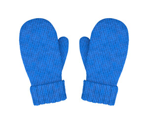 Blue knitted wool mittens on a white background, 3D render