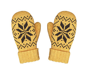 Gold wool mittens with black pattern isolated on white background, 3D render