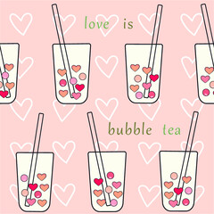 Bubble tea love sweet heart repeat pattern and seamless pattern 