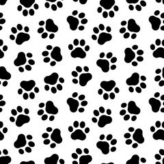 Footprints seamless pattern. Pet prints. Paw cute background for pets dog, cat. Foot puppy. Black shape pawprints. Footprint. Animal track. Trace dogs, cats. Pawprint. Design walk for print. Vector