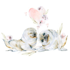Hand drawing watercolor set of cute seals and balloon of heart withpink flowers. Iillustration perfect for greeting cards, posters for St Valentine day, birthday. - 391735683