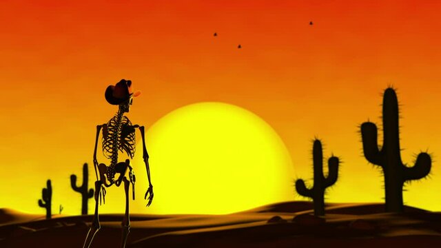Western Gunslinger Skeleton Cowboy Walks into Desert Sunset - 3D Illustration - Shallow Depth of Field